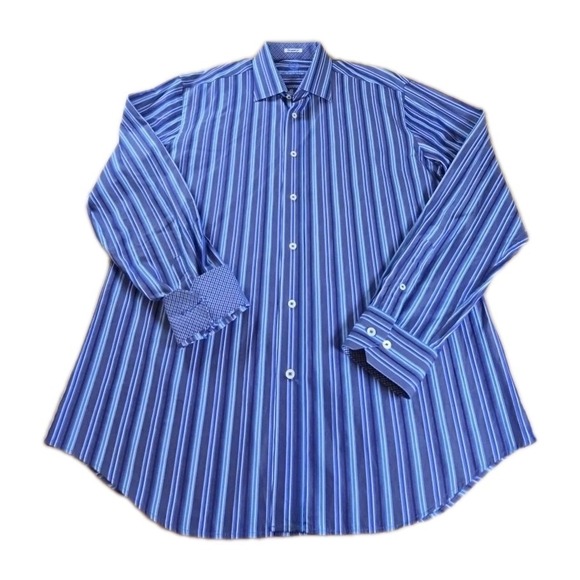 Bugatchi Shirt Large Shaped Fit BLUE Striped Flip Cuff Button Up Long Sleeve Men - Picture 4 of 11